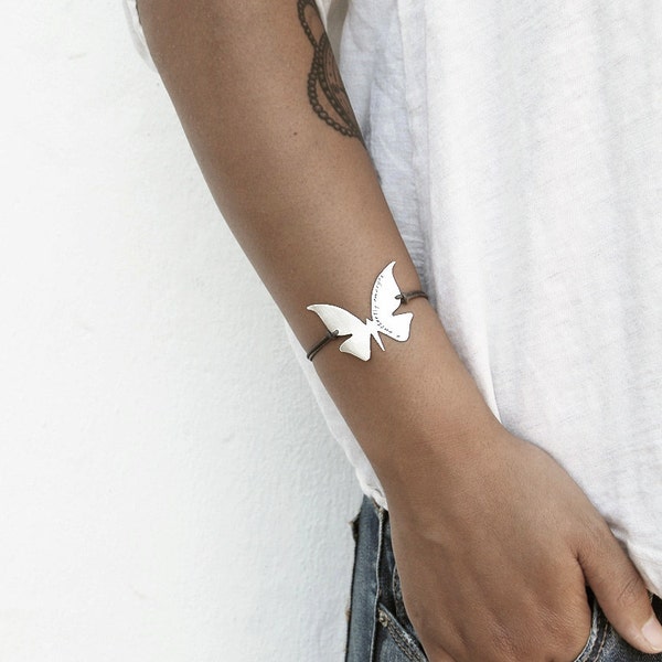 Modern Butterfly Bracelet in Brushed Sterling Silver with Custom Words