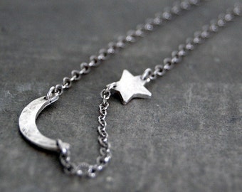 Tiny Rustic Crescent Moon and Star Necklace