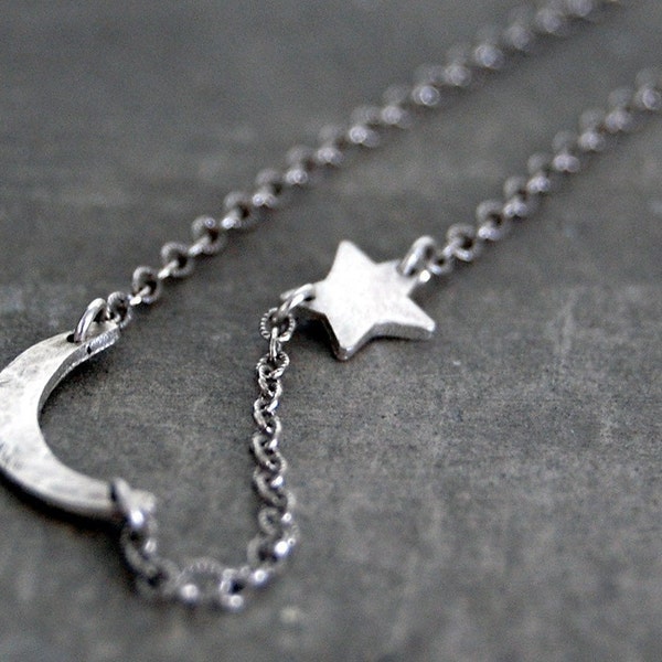Tiny Rustic Crescent Moon and Star Necklace