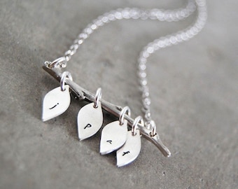 Family Tree Initial Necklace, The Original - Personalized Custom Lower Case Initials on 4 Leaves