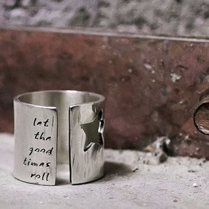 Star Ring- Silver Wide Band Ring- Rock Star Ring with Custom Personalized Words or Lyrics