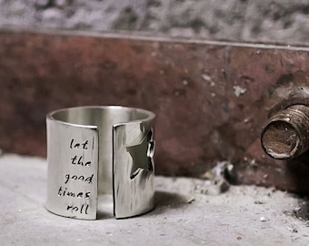 Star Ring- Silver Wide Band Ring- Rock Star Ring with Custom Personalized Words or Lyrics