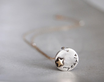 Name Tag Necklace-  Starchild- Tiny Name Plate Necklace with Brass Star Rivet