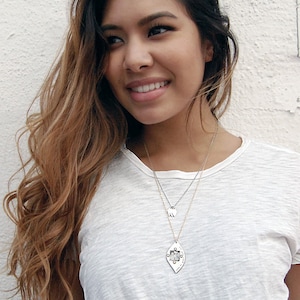 Rustic Leaf Photo Necklace- Modern Leaf Pendant with Rivets Personalized with Words, Name and Date.