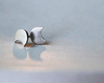 Eclipse Studs- Handcrafted Mini Eclipse Post Earrings in Brushed Sterling Silver- Moon Shape Post Earrings