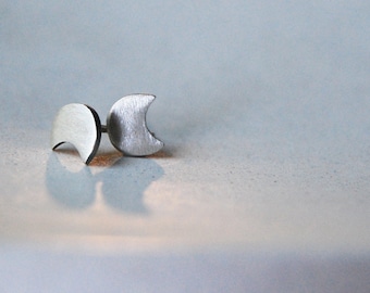 Eclipse Studs- Handcrafted Mini Eclipse Post Earrings in Brushed Sterling Silver- Moon Shape Post Earrings