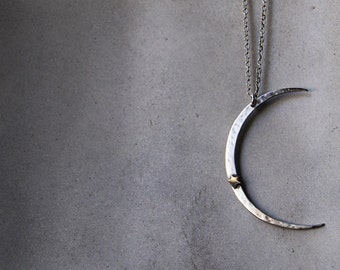 Large Modern Textured Crescent Moon Necklace with Star Rivet