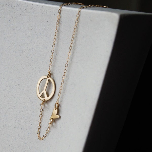 Modern Peace Love Necklace- Hand Cut Abstract Peace Sign and Tiny Heart in 10k Gold