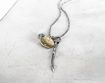 Evil Eye Ultimate Protector Charm Necklace with Labradorite Gem and Branch Pendant in Sterling Silver or Yellow Brass.