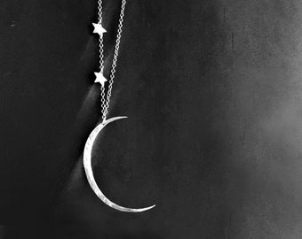 Moon and Stars Necklace- Large Crescent Moon Shape in Sterling Silver