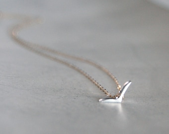 Blackbird Necklace in Two Toned Silver on Gold Chain or All Silver- Tiny Modern Bird Shape Pendant