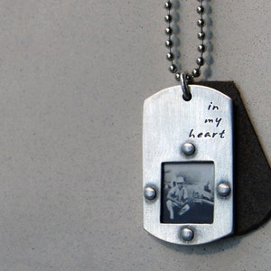 Dog Tag Photo Necklace-Alden Necklace- Modern Dog Tag with Rivets Personalized with Words, Name and Date.