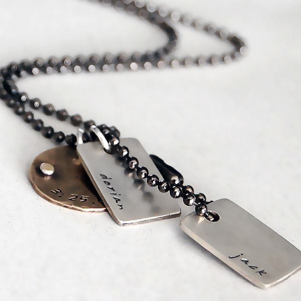 Discreet Double Dog Tag Rustic Necklace - Personalized with Names, Date or Initials.