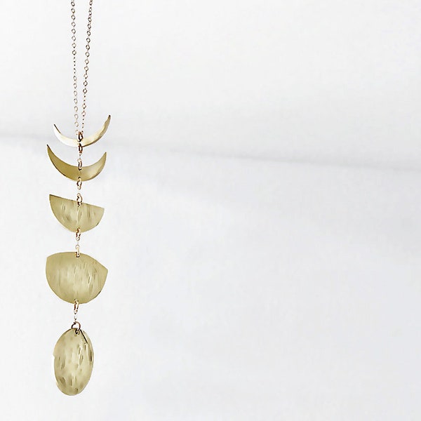 Brass Moon Phase Necklace- Vertical Cycle Necklace - Brass Moons on 14k Gold Filled Chain