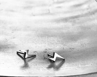 Mini Lightning Bolt Studs in Oxidized Black or Brushed Sterling Silver- Modern Lightning Bolt Shape Earrings