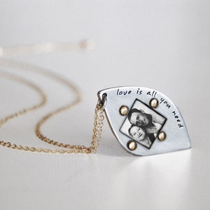 Rustic Leaf Photo Necklace- Modern Leaf Pendant with Rivets Personalized with Words, Name and Date.
