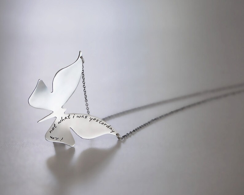 Butterfly Necklace in Brushed Sterling Silver with Custom Words Modern Butterfly. image 4