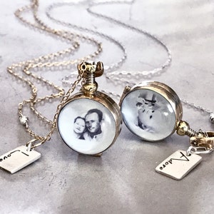 Locket Necklace - Mini Round Photo Locket in Gold Tone - Glass Locket with custom photos and one word tag