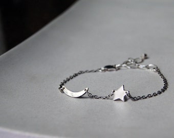 Tiny Rustic Crescent Moon and Star Bracelet