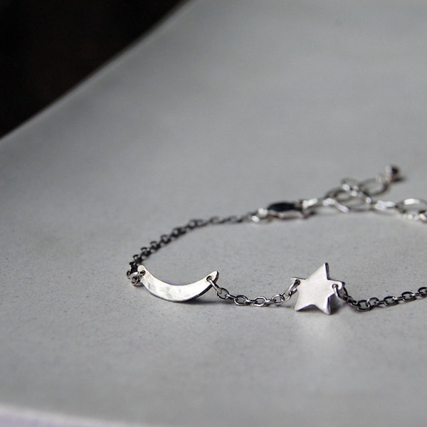 Tiny Rustic Crescent Moon and Star Bracelet