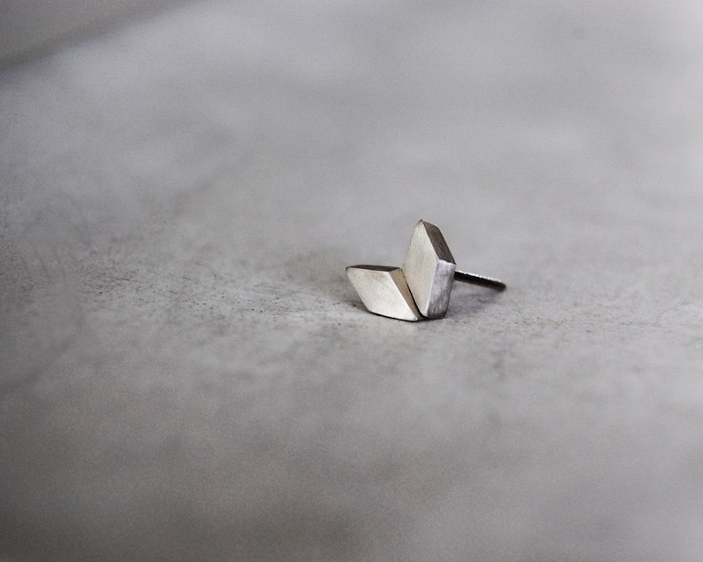 May include: A silver geometric earring with a pointed design.