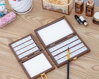 Watercolor Paint Box, Portable Artist Palette, 24-Grid Walnut Wood Paint Case, Plein Air Painting Supply, Gift for Artist
