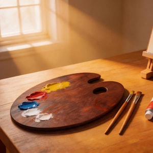 May include: A wooden artist's palette with dabs of red, yellow, blue, and white paint. Two paintbrushes and a tube of red paint sit beside the palette on a wooden table. The palette has a thumb hole and is oval-shaped.