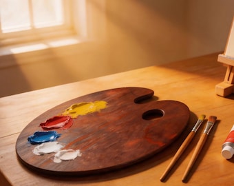Paleta de artista de nogal: acabado esmaltado vintage, bandeja para mezclar pinturas al óleo y acrílicas