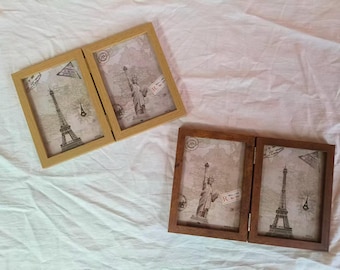 Halloween-Christmas Vintage Double-Sided Folding Photo Frame, Wooden Desktop Stand with Clear Glass Panel