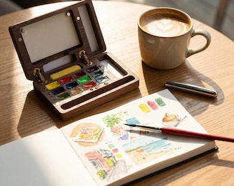 Mini Watercolor Paint Set: Walnut Wood Travel Kit with Sketchbook
