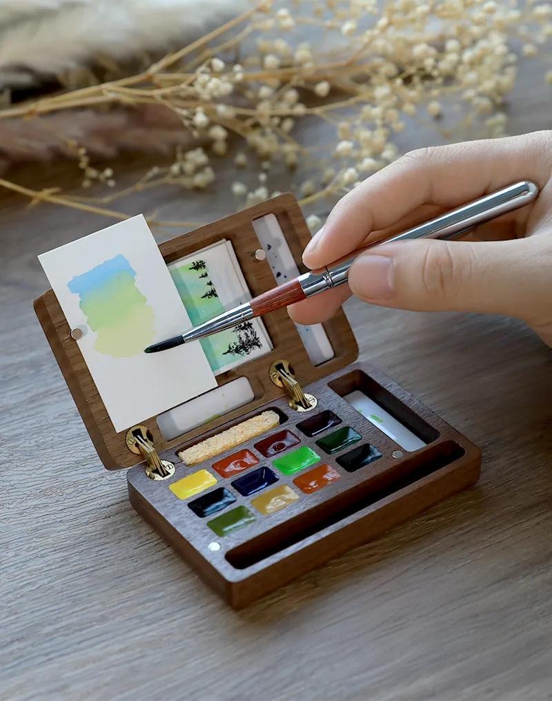 Kit Aquarelle Voyage En Noyer - 24 Couleurs + Palette 15 Grilles + Carnet + Pinceaux - Compact Et Complet - Parfait Extérieur - 10