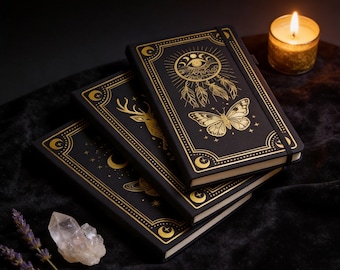 A5 Tarot Journal | Black Gold Foil Hardcover Notebook, Witchy Celestial Grimoire Diary, Spiritual Journal for Tarot Reading, Gift