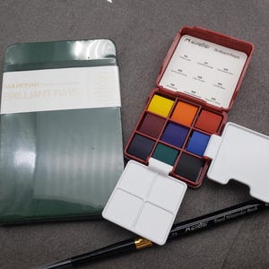 Bandeja portátil para pintura sólida Martini / Martini 9 colores / Juego portátil de acuarela sólida para viaje / Bolígrafo de acuarela / Papel de acuarela