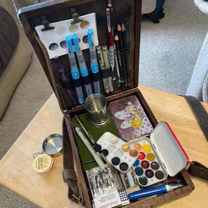 Houten kunstvoorraaddoos - draagbare schetskoffer voor aquarel en tekenen, vintage crossbody schildersdoos, kunstenaarscadeau