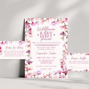 Baby Shower invitation set with diaper raffle and books for baby cards - pink flowers