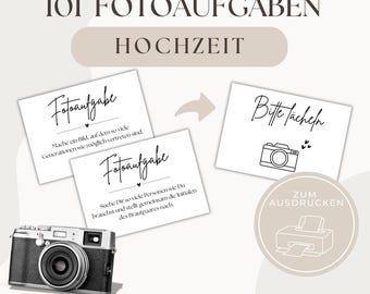 May include: A collection of wedding photo tasks, including prompts like "Smile" and "Find people like you." The design features a vintage camera, cards with text, and a printer icon. The text includes "101 Photo Tasks" and "Wedding."