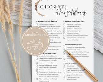 Puede incluir: Una lista de verificación imprimible para la planificación de bodas con una lista de verificación para 12-9 meses antes de la boda, 5-4 meses antes de la boda, 3 meses antes de la boda y 2 meses antes de la boda. La lista de verificación incluye tareas como establecer la fecha de la boda, elegir un lugar, reservar un fotógrafo y enviar invitaciones.