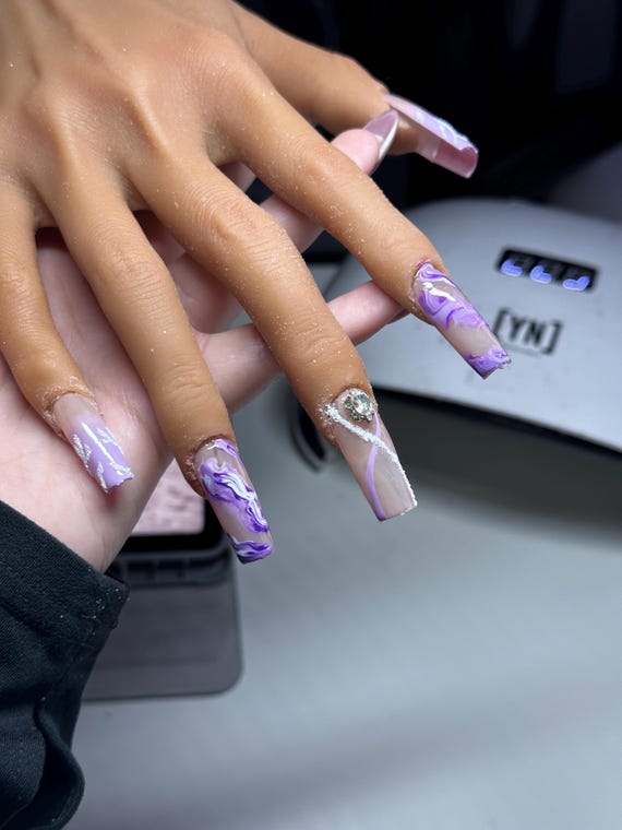 homecoming nails for purple dress marble gem cute trendy prom party birthday Almond Handmade Gel X press on nails, custom holiday nails product_family:2L13018