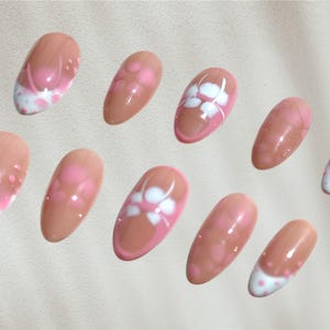 Pink and White Vacation beach pastel pink handmade Gel X Press On nails, Custom Nails, Medium Almond