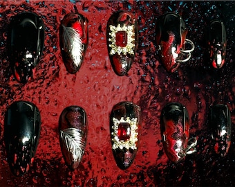 Sylus Love and Deep Space Almond Pressonnails, Red and Black Short Chrome Nails, Glue on nails, Gel Nails