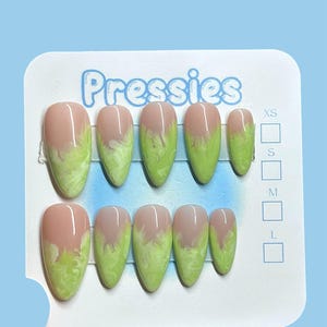 Matcha Almond Medium Gel X Press On Nails, light green nails, luxury false nails, marble swirl nails, Custom Press on nails image 1
