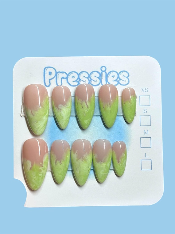 Matcha Almond Medium Gel X Press On Nails, light green nails, luxury false nails, marble swirl nails, Custom Press on nails