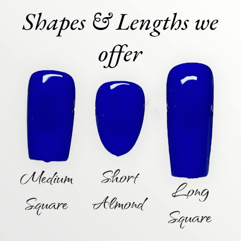 May include: Three blue nail shapes in different lengths: medium square, short almond, and long square.  "Shapes & Lengths we offer" is written above the nails.