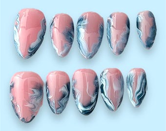 Water Marble Press On Nails Short Almond Summer False Gel X Nails