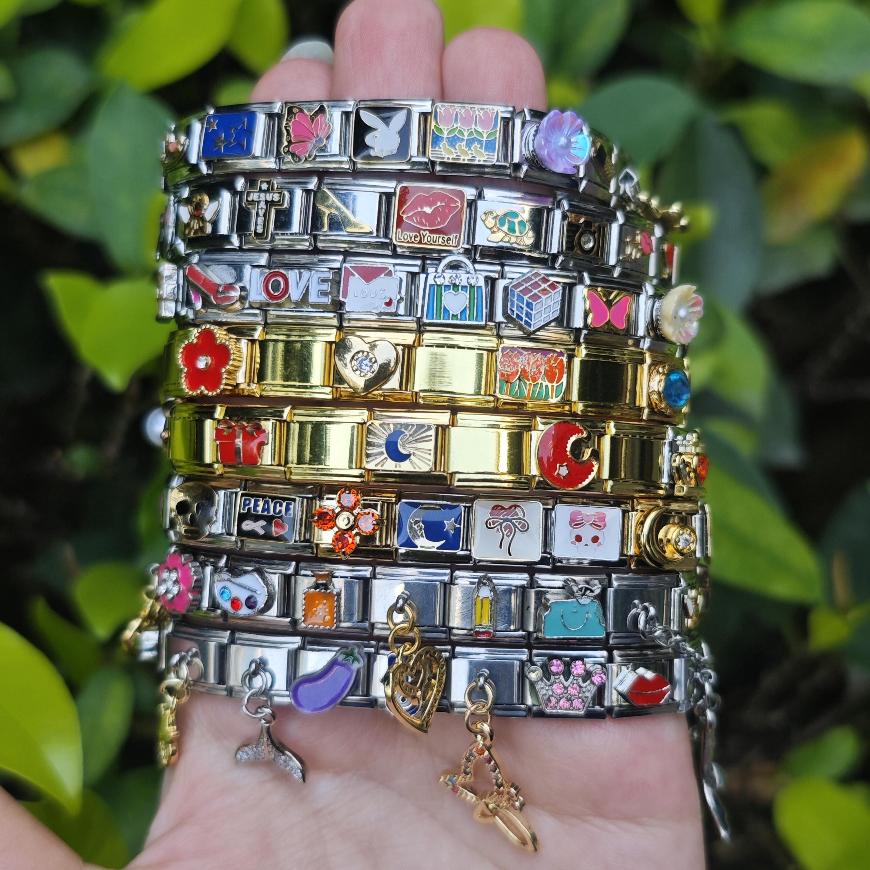 Bracciale Rigido Dorato Arrderly Italian Bracelet Gold, 6 Gold Charm Set DIY 9 Mm Moduli Rimovibili Per Braccialetti Italiani Style Da Donna, A Größe, Acciaio Inossidabile, No Braccialetto Donna Oro - 2