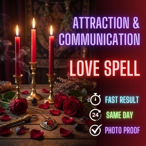 May include: An image featuring three lit red candles in ornate gold candle holders, roses, and a heart-shaped pendant. The text reads "ATTRACTION & COMMUNICATION" and "LOVE SPELL" with additional text indicating fast results, same-day service, and photo proof.