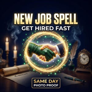 Op de afbeelding: Een afbeelding met de tekst "NEW JOB SPELL GET HIRED FAST". Een handdruk is afgebeeld in een gloeiende cirkel, met een hand in een groene handschoen die een hand in een pak de hand schudt. De afbeelding bevat ook kaarsen, een rol en een klok. De tekst "SAME DAY PHOTO PROOF" staat onderaan.