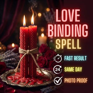 Może przedstawiać: Dwie czerwone świece związane sznurkiem, płonące jasnymi płomieniami. Obraz zawiera tekst "LOVE BINDING SPELL", wraz z ikonami i tekstem wskazującymi na szybkie wyniki, obsługę w tym samym dniu i dowód fotograficzny.