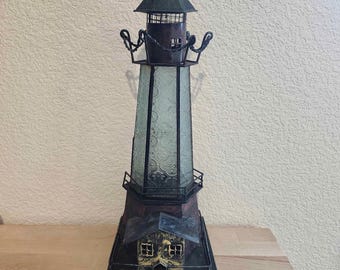 Large 16" Nautical Lighthouse Lantern - Embossed Textured Glass - Coastal Maritime Decor - Vintage Style Lamp Base