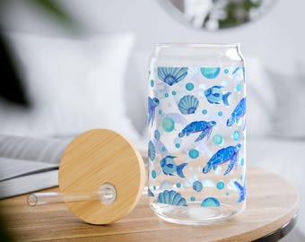 Sea Turtle Sipper Glass: 16oz Beach House Coastal Drinkware